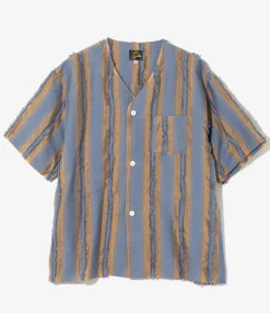 S/S V-Neck Shirt - Beige/Blue - Stripe Cut Jacquard