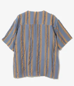 S/S V-Neck Shirt - Beige/Blue - Stripe Cut Jacquard