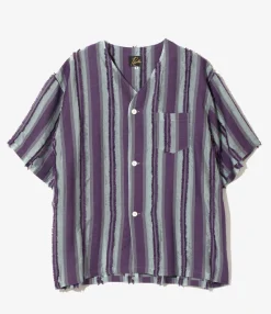 S/S V-Neck Shirt - Sax/Purple - Stripe Cut Jacquard