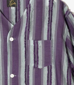 S/S V-Neck Shirt - Sax/Purple - Stripe Cut Jacquard