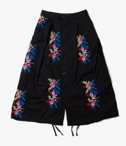 Tuck Skirt - Black Cotton Floral Embroidery Sheeting