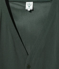 V-Neck Cardigan - Dk. Green - Knit Mesh