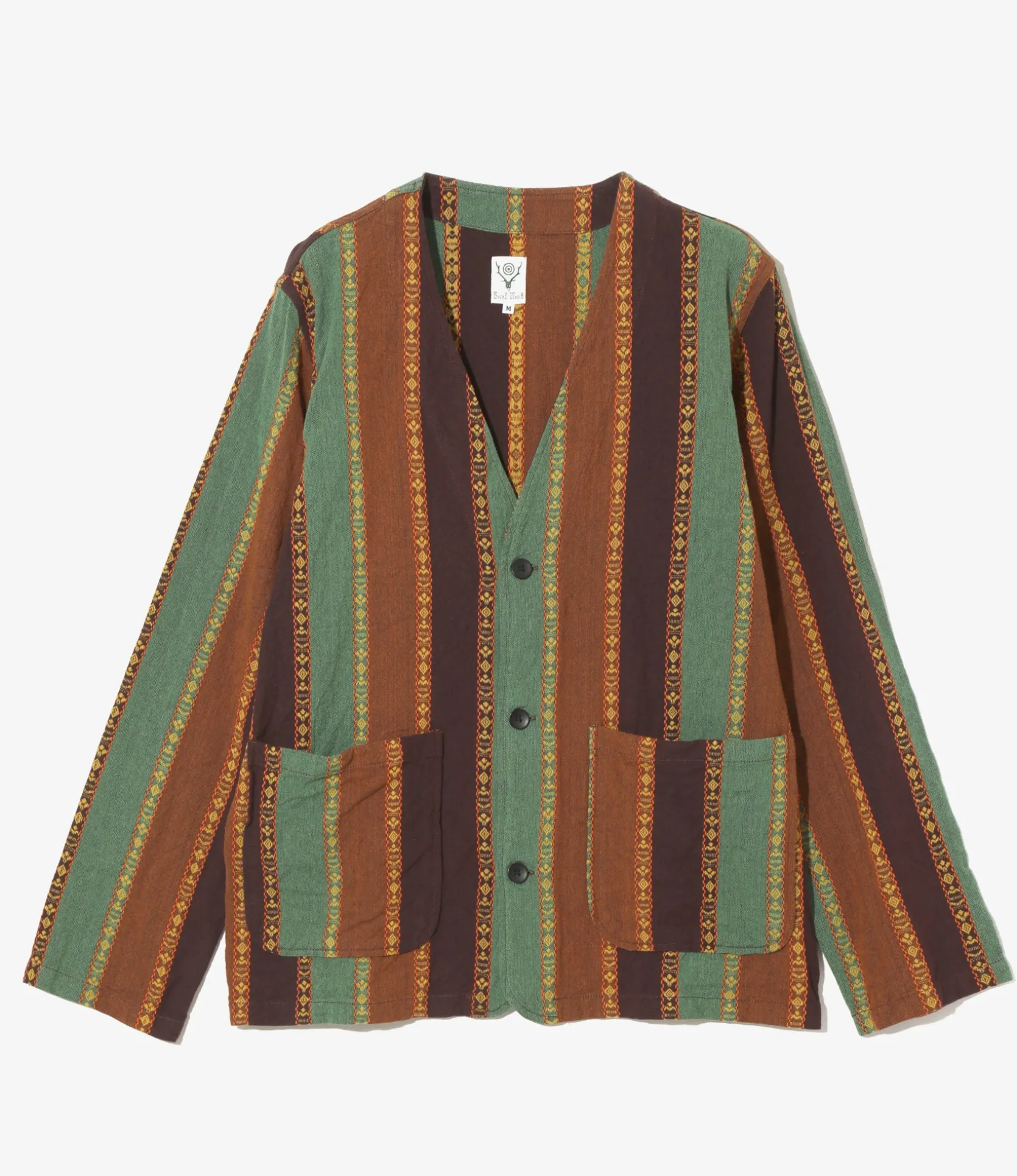 V-Neck Jacket - Brown/Green - Dobby Stripe