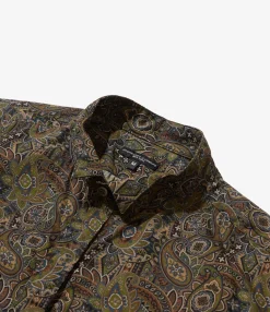 Wing Collar Shirt - Olive/Black Cotton Paisley Print