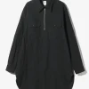 Zipped Pullover Long Shirt - Black - Cotton Flannel Twill