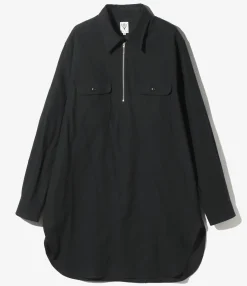Zipped Pullover Long Shirt - Black - Cotton Flannel Twill