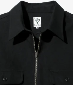 Zipped Pullover Long Shirt - Black - Cotton Flannel Twill