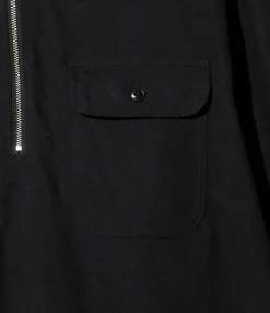 Zipped Pullover Long Shirt - Black - Cotton Flannel Twill