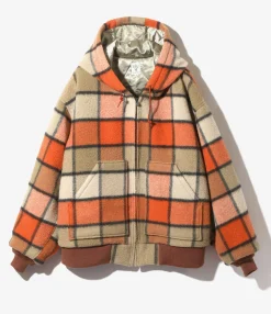 Zipped Work Hoody - Brick - Wool Brushed Plaid Twill